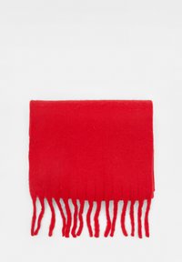 Fular roșu din lână cu o textură moale, în formă rectangulară, cu franjuri lungi pe un margine. Fără modele sau embellishments.