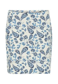 Fustă albă cu model paisley floral albastru, prezentând desene complicate cu frunze. Fabricată din material neted, cu o siluetă ajustată.