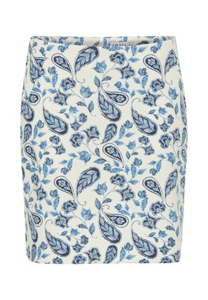 White skirt with blue floral paisley pattern, featuring intricate leaf designs. Made of smooth fabric, with a fitted silhouette.