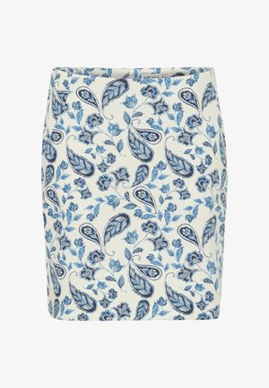 Jupe blanche avec un motif floral paisley bleu, présentant des designs de feuilles délicats. Fabriquée en tissu lisse, avec une silhouette ajustée.