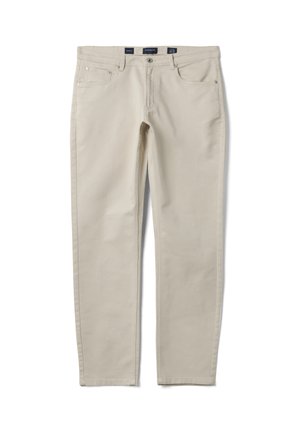 Hellbeige Slim-Fit-Hose mit fünf Taschen, Knopfverschluss und Gürtelschlaufen, flach auf weißem Hintergrund präsentiert.