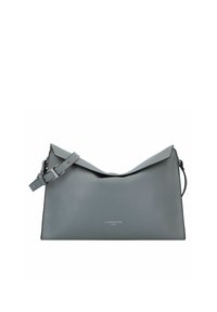 Borsa a tracolla in pelle grigia con design a pieghe, tracolla regolabile e logo in rilievo sulla parte anteriore. Texture liscia con linee pulite.