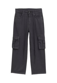 Dunkelgraue Cargo-Hosen mit einem lockeren Schnitt, ausgestattet mit mehreren Seitentaschen, Gürtelschlaufen und einer glatten Stofftextur.