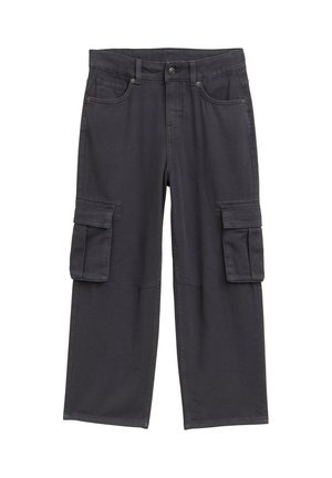 Dunkelgraue Cargo-Hosen mit einem lockeren Schnitt, ausgestattet mit mehreren Seitentaschen, Gürtelschlaufen und einer glatten Stofftextur.