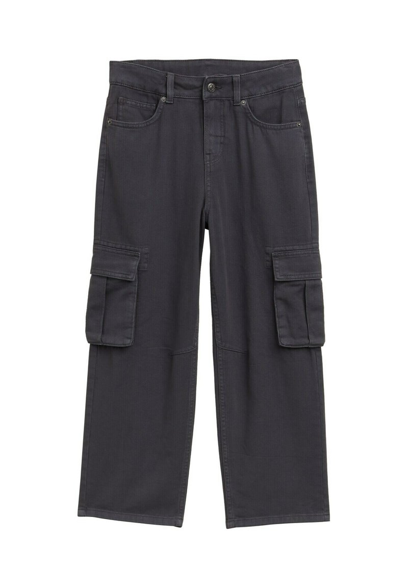 Dunkelgraue Cargo-Hosen mit einem lockeren Schnitt, ausgestattet mit mehreren Seitentaschen, Gürtelschlaufen und einer glatten Stofftextur.
