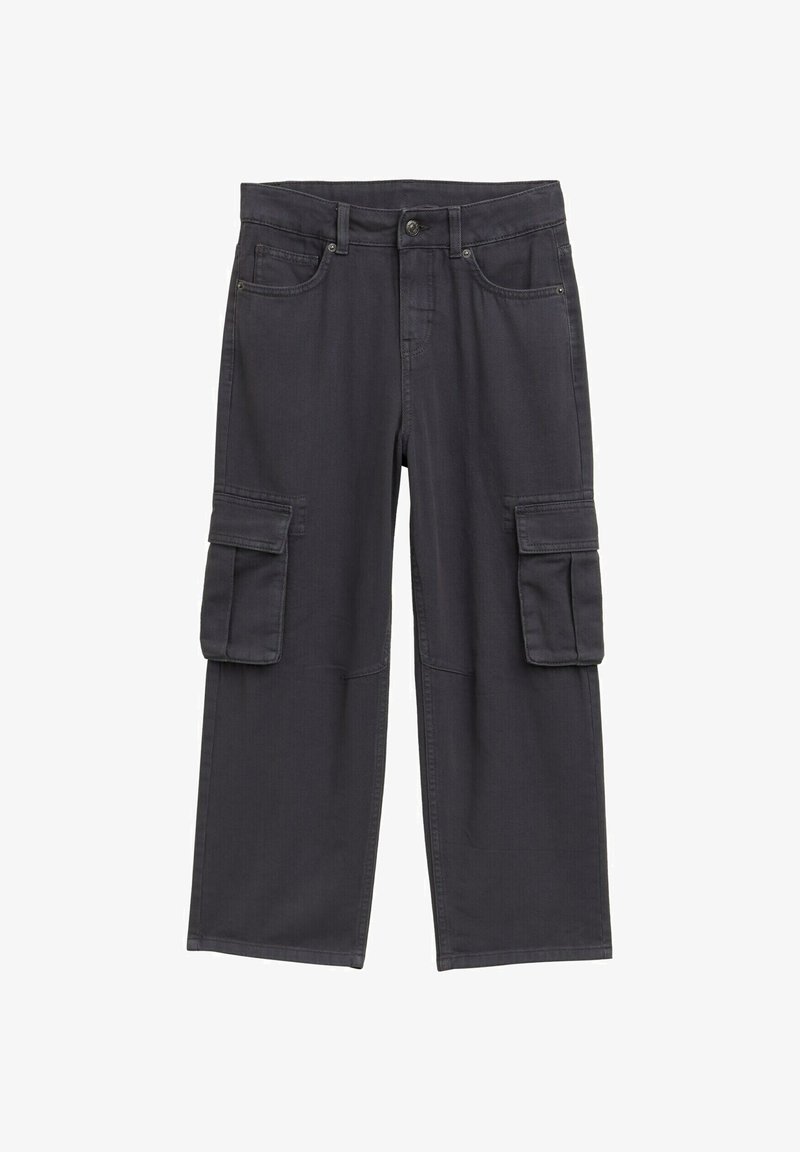 Dunkelgraue Cargo-Hosen mit einem lockeren Schnitt, ausgestattet mit mehreren Seitentaschen, Gürtelschlaufen und einer glatten Stofftextur.