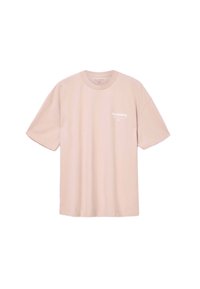 Jasnoróżowa koszulka z krótkim rękawem, wykonana z bawełny, z małym białym logo "ALLSAINTS" na lewej stronie klatki piersiowej. Klasyczny dekolt typu crew neck.