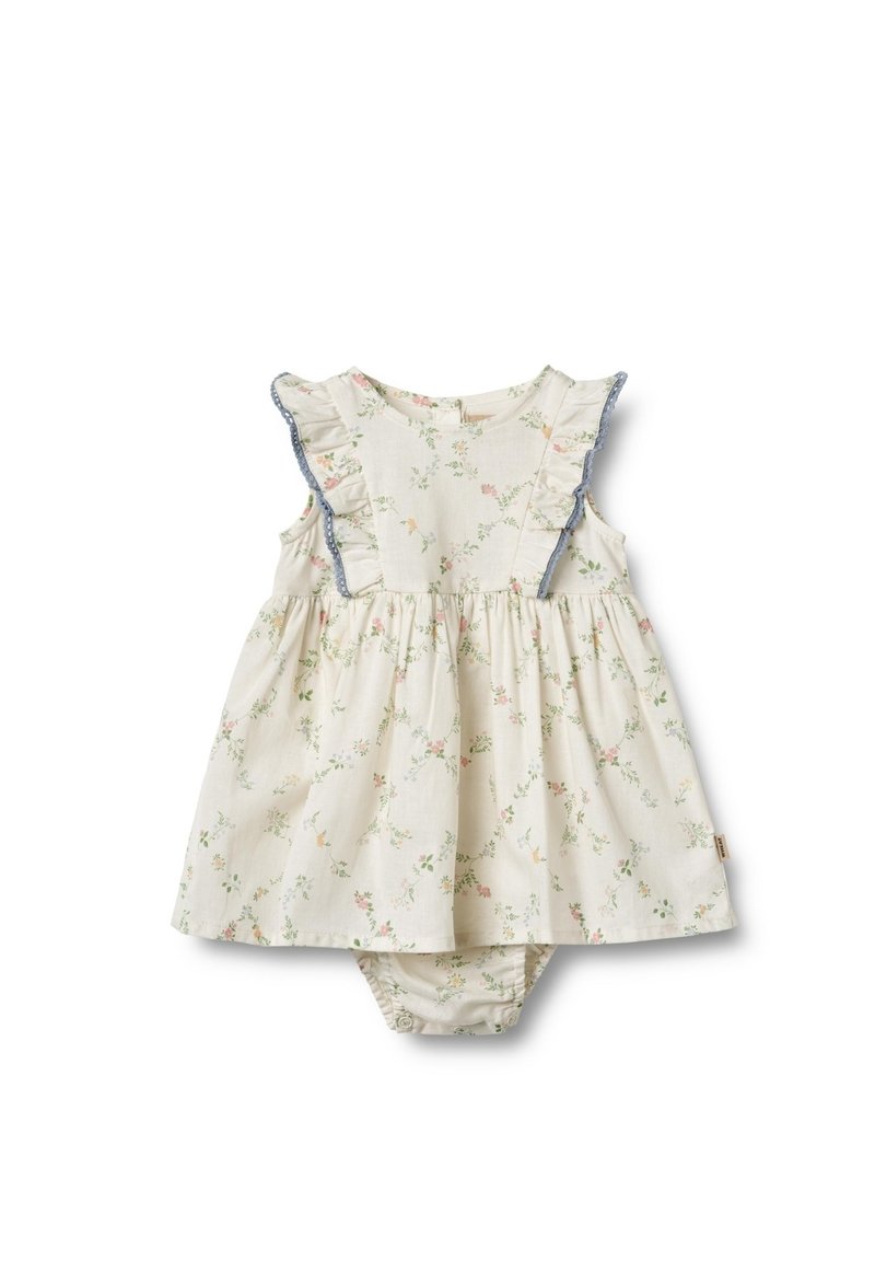 Abito con stampa floreale in beige chiaro, con spalle arricciate e rifiniture blu. Vita arricciata e culotte attaccate per una maggiore facilità d'uso.