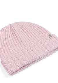 Knitted pink beanie with a ribbed texture, foldable cuff, and a small tag on the side. Soft material for warmth and comfort.