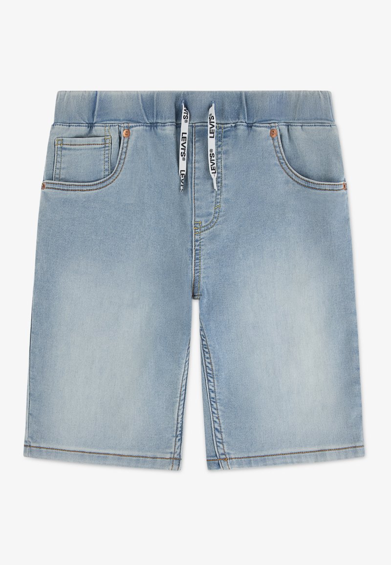 Ljusblåa denimshorts med elastisk midjeband, vita dragskor, framfickor och synliga sömnadsdetaljer.