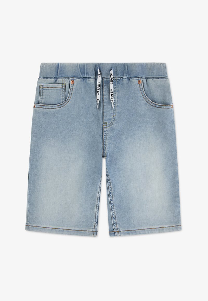 Ανοιχτό μπλε τζιν σορτς με ελαστική μέση, λευκά κορδόνια, εμπρόσθιες τσέπες και εμφανείς ραφές.