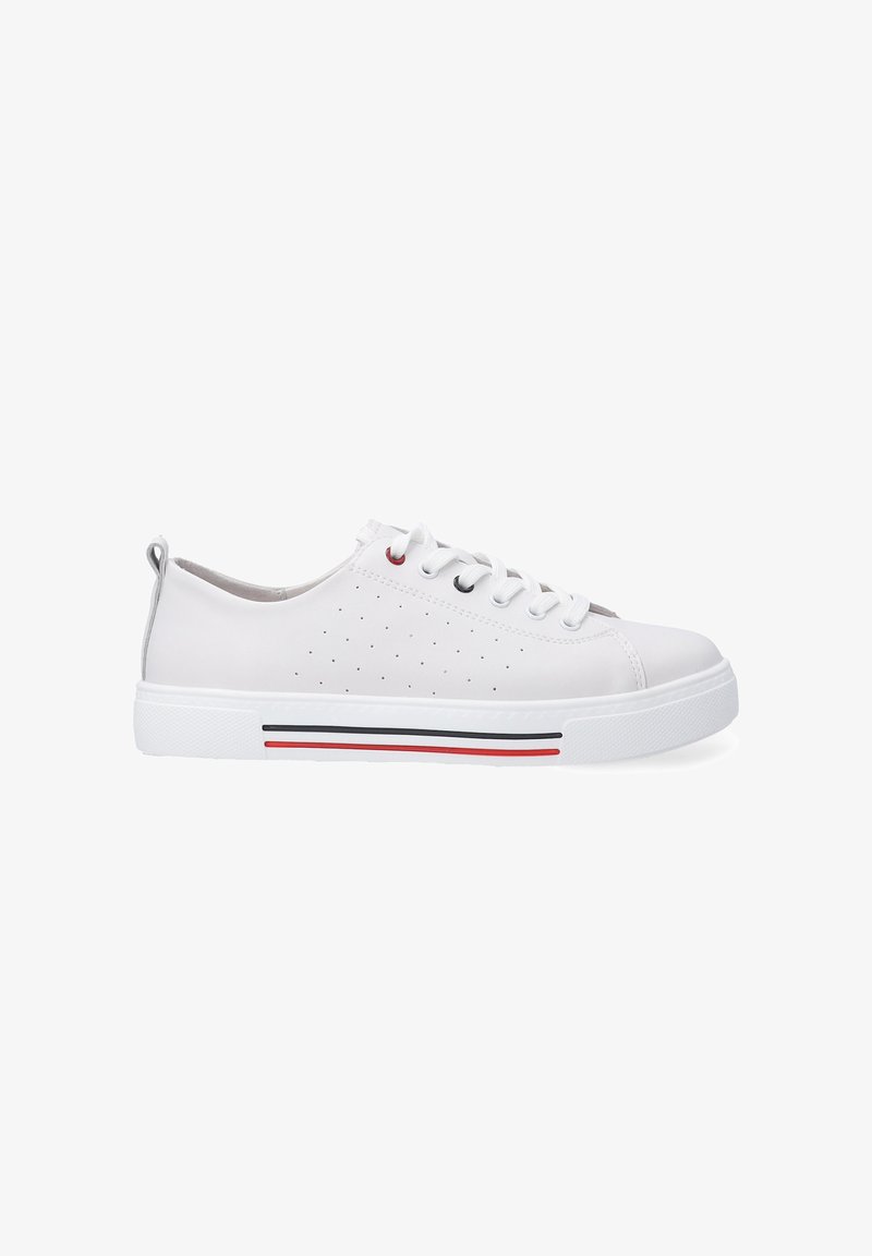 White sneaker made of synthetic material with a smooth texture, featuring perforations for ventilation, and a striped sole in black and red.