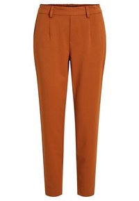 Pantalones ajustados en un vibrante color naranja quemado, con una textura suave, trabillas para el cinturón y bolsillos laterales. Diseño clásico con piernas entalladas.