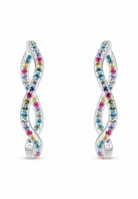 Söljtonade örhängen med en dubbelhelixdesign, som har flerfärgade ädelstenar inlagda längs kurvorna.