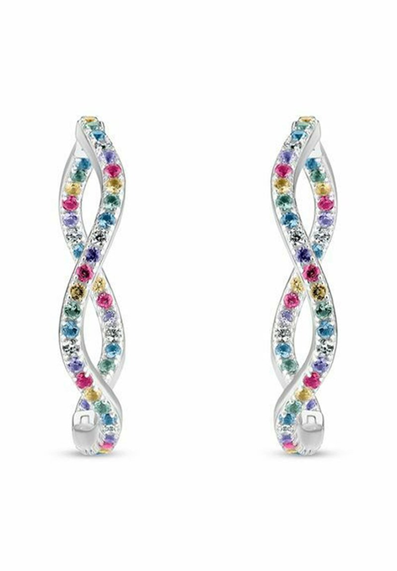 Söljtonade örhängen med en dubbelhelixdesign, som har flerfärgade ädelstenar inlagda längs kurvorna.