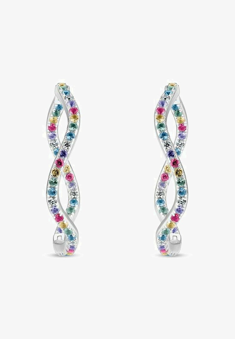 Söljtonade örhängen med en dubbelhelixdesign, som har flerfärgade ädelstenar inlagda längs kurvorna.