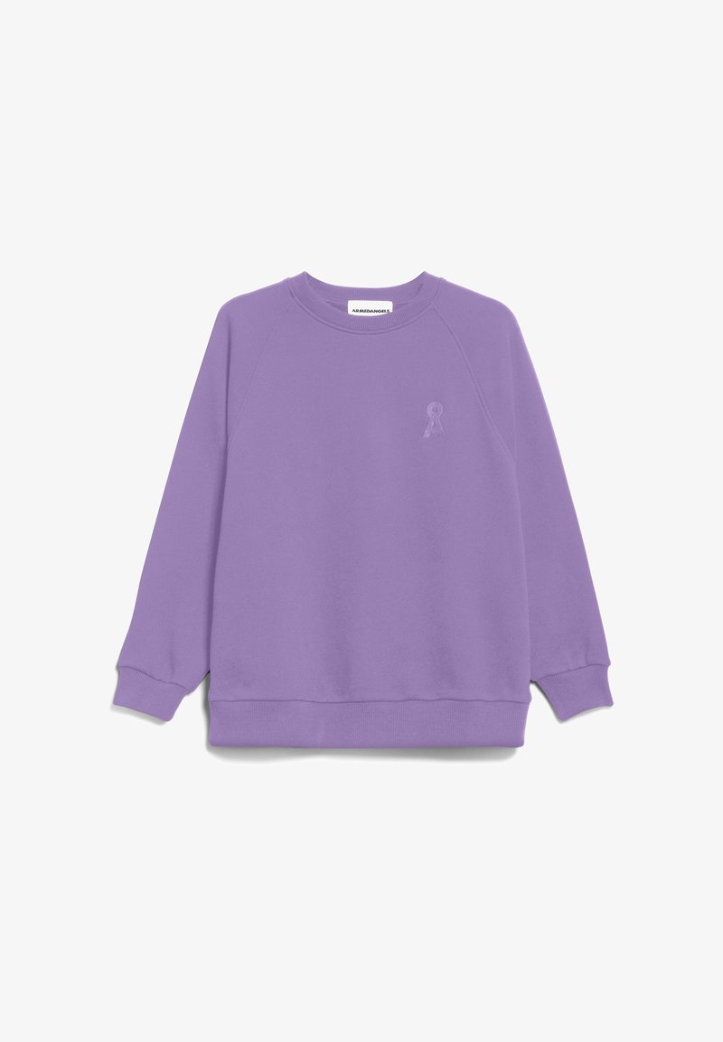 Sudadera morada fabricada en una suave mezcla de algodón, con mangas raglán, cuello redondo, puños acanalados y un pequeño emblema en el pecho.