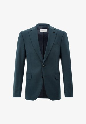 Dunkelteal-farbener Blazer mit glatter Textur, Ein-Knopf-Verschluss, abgestufte Revers und zwei Vordertaschen. Innenfutter in dunklem Stoff.