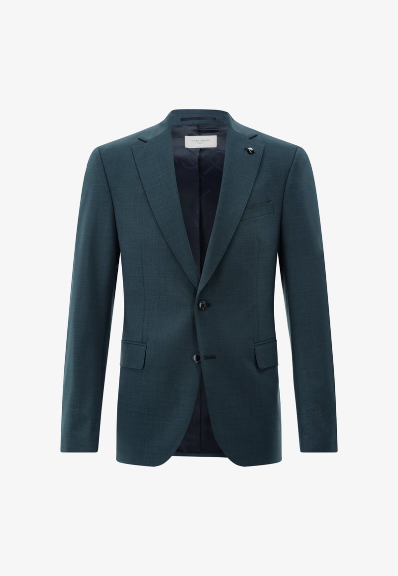 Dunkelteal-farbener Blazer mit glatter Textur, Ein-Knopf-Verschluss, abgestufte Revers und zwei Vordertaschen. Innenfutter in dunklem Stoff.