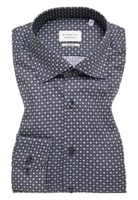Camicia Eterna moderna, blu con motivo geometrico bianco, in tessuto di cotone, con chiusura a bottoni e taschino singolo con bordi arrotondati.