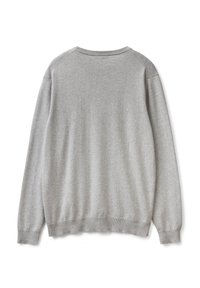 Grå tröja med långa ärmar, ribbade muddar och fåll. Mjukt tyg, rund halsringning, inga mönster eller extra detaljer på baksidan.