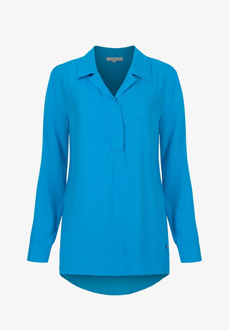 Camicia a maniche lunghe di un blu brillante, realizzata in tessuto liscio, con colletto, patta e orlo curvo. Design minimalista senza motivi.