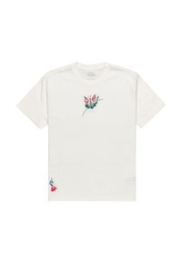 Kortærmet hvid T-shirt med farverig sommerfuglebroderi på fronten og blomsterdekor ved kanten. Fremstillet af bomuldsstof, afslappet pasform.