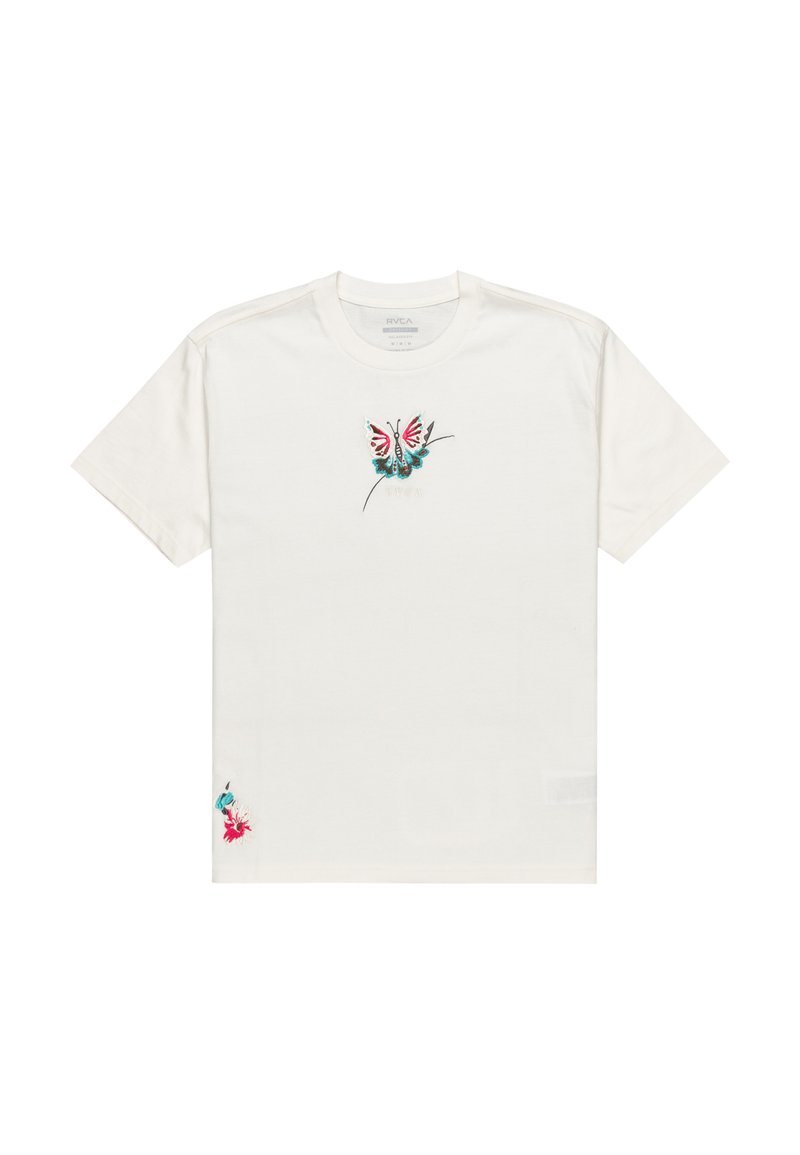 Kortærmet hvid T-shirt med farverig sommerfuglebroderi på fronten og blomsterdekor ved kanten. Fremstillet af bomuldsstof, afslappet pasform.