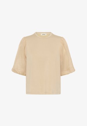 Kurzärmeliges Hemd aus hellbeigem Baumwollstoff mit transparenten Ballonärmeln und rundem Ausschnitt. Einfacher Schnitt mit lockerem Sitz.