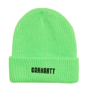 Gorro de punto verde brillante con puño doblado y logo "Carhartt" bordado en negro en el centro del frente.