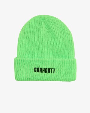 Gorro de punto verde brillante con puño doblado y logo "Carhartt" bordado en negro en el centro del frente.