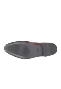 Suola di scarpa in pelle marrone con una finitura liscia, motivo di presa testurizzato e design a punta rotonda. Presenta una suola in gomma nera per una maggiore durata.