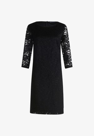Black lace dress with three-quarter sleeves, a round neckline, and a straight silhouette. Features an intricate floral pattern and back zipper.