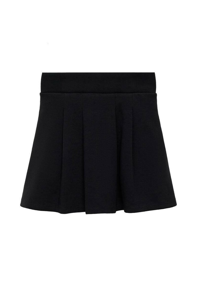 Schwarzer plissierter Rock mit breitem Bund, hergestellt aus einem weichen Stoff. Verfügt über eine A-Linien-Form und ein knielanges Design, ohne sichtbare Muster.