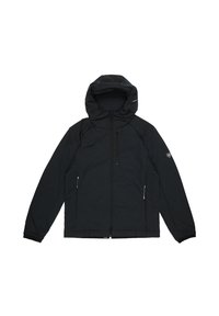 Zwarte jas met een capuchon, voorzien van een ritssluiting aan de voorkant en zijzakken, gemaakt van gladde, lichte stof met een ontspannen pasvorm.