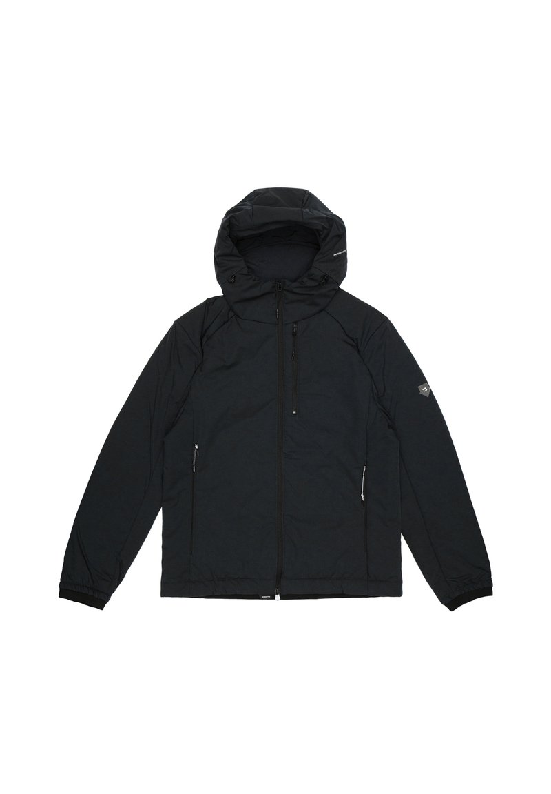 Zwarte jas met een capuchon, voorzien van een ritssluiting aan de voorkant en zijzakken, gemaakt van gladde, lichte stof met een ontspannen pasvorm.