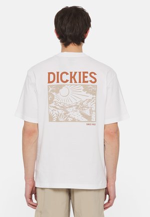 Mand iført hvid Dickies t-shirt med beige grafik af sol, bjerge, flod og kano på ryggen, kombineret med beige shorts.