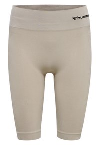 Leggings atletici beige con una texture liscia, di media lunghezza, dotati di una vita ampia e un logo di marca vicino alla vita.