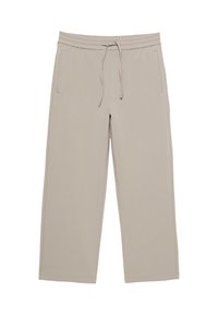 Pantalons de sport beiges avec une taille élastique, cordon de serrage, deux poches latérales, coupe droite et texture douce.