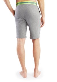 Pantaloni corti grigi in cotone con una vita elastica verde e blu, dotati di un logo. Le aperture delle gambe sono dritte e il tessuto ha una trama liscia.