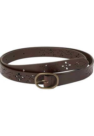Brown leather belt with small floral cutout patterns and an oval brass buckle, shown coiled on a white background.