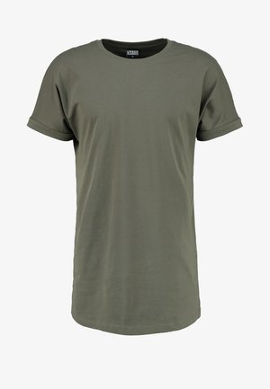 Olijfgroene katoenen t-shirt, korte mouwen, ronde hals, losse pasvorm, met opgerolde mouwen en een rechte zoom, minimale textuur en ontwerpdetailles.