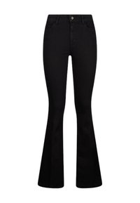 Črne široke kavbojke iz jeansa z visokim pasom, sprednjimi žepi in zapiranjem na gumbe. Gladek slog z čistim zaključkom.