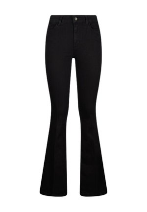 Črne široke kavbojke iz jeansa z visokim pasom, sprednjimi žepi in zapiranjem na gumbe. Gladek slog z čistim zaključkom.