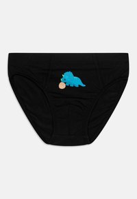 Schwarze Baumwollslips mit einem blauen Triceratops-Grafik, der einen Keks hält, aus weichem Material und mit elastischem Bund.