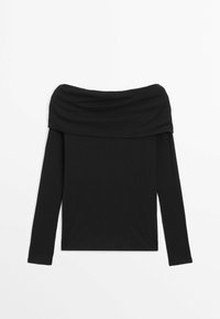 Top nero off-the-shoulder a maniche lunghe, realizzato in tessuto liscio con scollatura drappeggiata e maniche aderenti, design minimalista senza motivi.