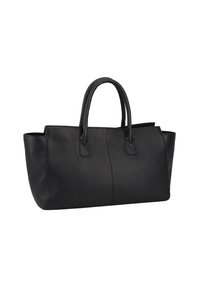 Zwarte leren handtas met twee lange handvatten, een gladde textuur, rechthoekige vorm en een naaddetail in het midden.