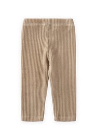Leggings in corduroy beige con coste verticali, dotati di una vita elastica e una texture liscia su tutta la stoffa.