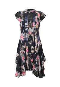 Blumenkleid mit schwarzem Hintergrund und pinken sowie weißen Blumen. Hergestellt aus leichtem Stoff, hat es kurze Ärmel und ein fließendes Design.