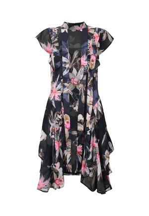 Robe florale avec un fond noir et des fleurs roses et blanches. Fabriquée en tissu léger, elle possède des manches courtes et un design fluide.